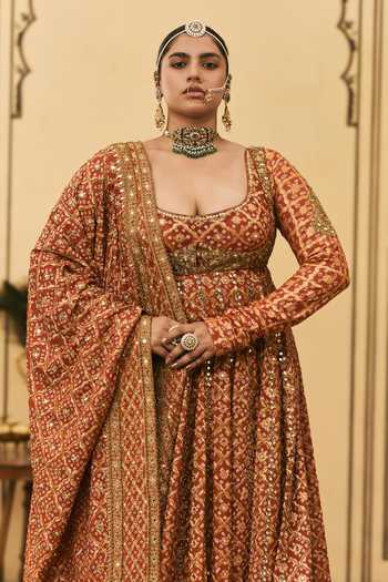Buy_Itrh_Orange Crepe Scoop Neck Rust Bandhani Anarkali Set _Online_at_Aza_Fashions