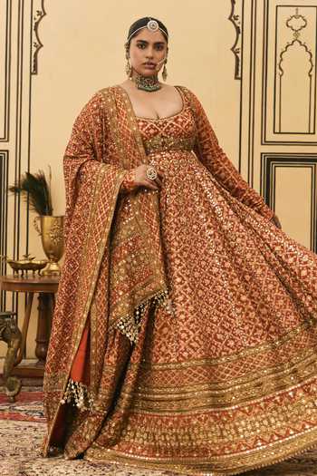 Shop_Itrh_Orange Crepe Scoop Neck Rust Bandhani Anarkali Set _Online_at_Aza_Fashions