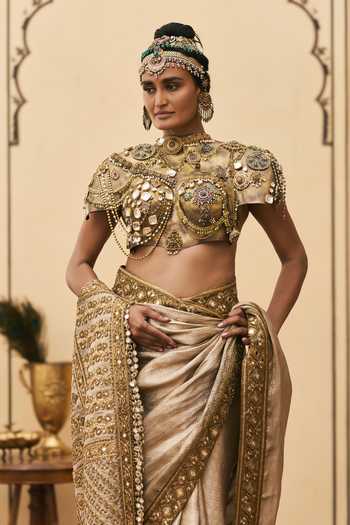 Itrh Gold Tissue, Brocade Halter Neck Kansya Saree With Blouse Online at Aza Fashions Itrh_Gold Tissue, Brocade Halter Neck Kansya Saree With Blouse _Online_at_Aza_Fashions