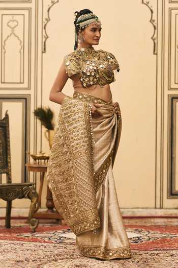Buy Itrh Gold Tissue, Brocade Halter Neck Kansya Saree With Blouse Online at Aza Fashions Buy_Itrh_Gold Tissue, Brocade Halter Neck Kansya Saree With Blouse _Online_at_Aza_Fashions