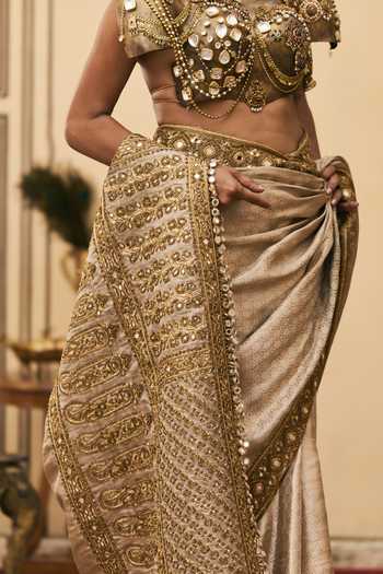 Shop Itrh Gold Tissue, Brocade Halter Neck Kansya Saree With Blouse Online at Aza Fashions Shop_Itrh_Gold Tissue, Brocade Halter Neck Kansya Saree With Blouse _Online_at_Aza_Fashions