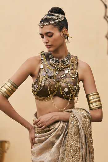 Itrh Silver Tissue, Brocade Halter Neck Dhoomra Saree With Metal Blouse Online at Aza Fashions Itrh_Silver Tissue, Brocade Halter Neck Dhoomra Saree With Metal Blouse _Online_at_Aza_Fashions