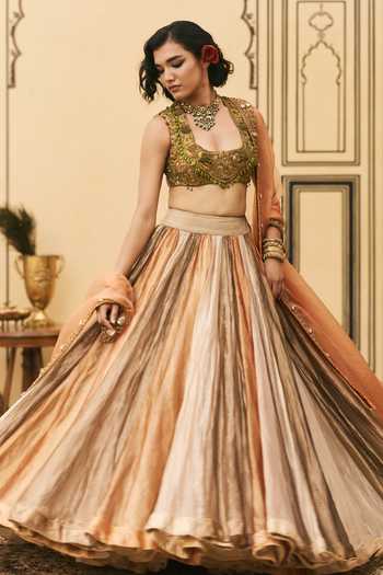 Itrh Multi Color Tissue, Net, Organza Square Neck Rangbahar Brocade Lehenga Set Online at Aza Fashions Itrh_Multi Color Tissue, Net, Organza Square Neck Rangbahar Brocade Lehenga Set _Online_at_Aza_Fashions