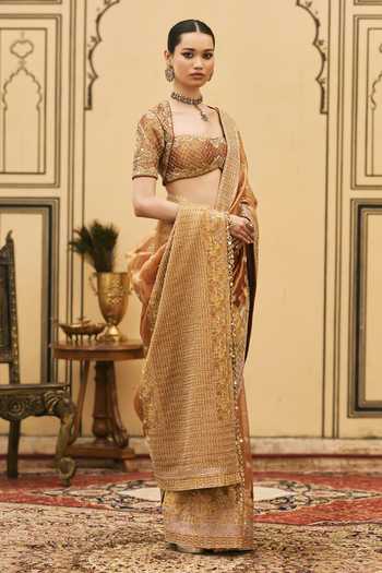 Itrh Peach Tissue Sweetheart Neck Tamra Saree With Embroidered Blouse Online at Aza Fashions Itrh_Peach Tissue Sweetheart Neck Tamra Saree With Embroidered Blouse _Online_at_Aza_Fashions