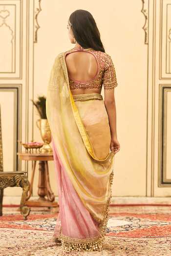 Itrh Peela-Gulabi Zardozi Work Saree With Blouse 