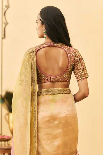Itrh_Pink Tissue, Silk Sweetheart Neck Peela-gulabi Zardozi Work Saree With Blouse _Online_at_Aza_Fashions