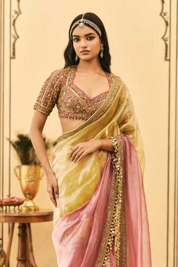 Buy_Itrh_Pink Tissue, Silk Sweetheart Neck Peela-gulabi Zardozi Work Saree With Blouse _Online_at_Aza_Fashions