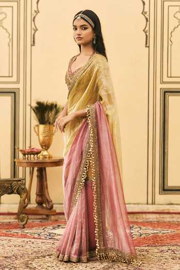 Shop_Itrh_Pink Tissue, Silk Sweetheart Neck Peela-gulabi Zardozi Work Saree With Blouse _Online_at_Aza_Fashions