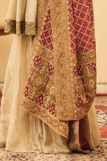 Buy_Itrh_Gold Tissue V-neck Sunhari-gulal Bandhej Pattern Peplum Kurta Set _Online_at_Aza_Fashions