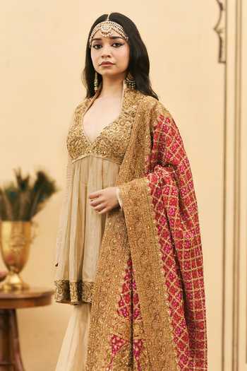 Shop_Itrh_Gold Tissue V-neck Sunhari-gulal Bandhej Pattern Peplum Kurta Set _Online_at_Aza_Fashions