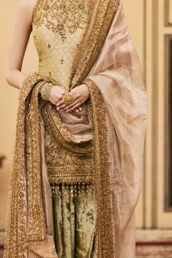 Itrh_Green Tissue, Velvet Halter Neck Hariyal Embroidered Kurta Set _at_Aza_Fashions