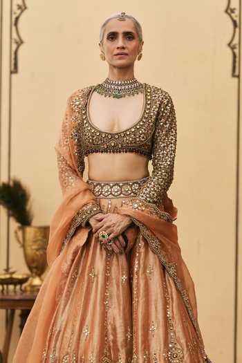 Itrh Orange Tissue, Organza Deep Neck Chaand Baali Embroidered Lehenga Set Online at Aza Fashions Itrh_Orange Tissue, Organza Deep Neck Chaand Baali Embroidered Lehenga Set _Online_at_Aza_Fashions