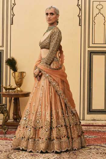 Shop Itrh Orange Tissue, Organza Deep Neck Chaand Baali Embroidered Lehenga Set Online at Aza Fashions Shop_Itrh_Orange Tissue, Organza Deep Neck Chaand Baali Embroidered Lehenga Set _Online_at_Aza_Fashions
