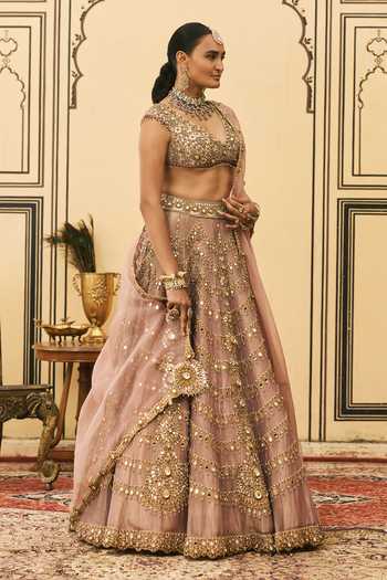 Buy Itrh Pink Tissue, Organza Sweetheart Neck Raani Haar Embroidered Lehenga Set Online at Aza Fashions Buy_Itrh_Pink Tissue, Organza Sweetheart Neck Raani Haar Embroidered Lehenga Set _Online_at_Aza_Fashions