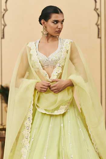 Itrh Green Organza V-neck Pudina Embroidered Lehenga Set Online at Aza Fashions Itrh_Green Organza V-neck Pudina Embroidered Lehenga Set _Online_at_Aza_Fashions