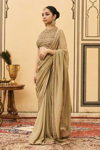 Itrh Zaitooni Pre-Draped Saree With Embroidered Blouse 