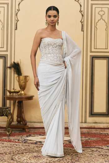 Buy Itrh Blue Georgette, Organza Embroidery Falsai Pre-draped Saree With Corset Online at Aza Fashions Buy_Itrh_Blue Georgette, Organza Embroidery Falsai Pre-draped Saree With Corset _Online_at_Aza_Fashions
