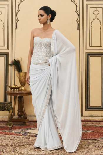 Shop Itrh Blue Georgette, Organza Embroidery Falsai Pre-draped Saree With Corset Online at Aza Fashions Shop_Itrh_Blue Georgette, Organza Embroidery Falsai Pre-draped Saree With Corset _Online_at_Aza_Fashions