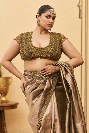 Itrh Brown Silk, Tissue, Net Bhoori Pre-draped Saree With Embroidered Blouse Online at Aza Fashions Itrh_Brown Silk, Tissue, Net Bhoori Pre-draped Saree With Embroidered Blouse _Online_at_Aza_Fashions