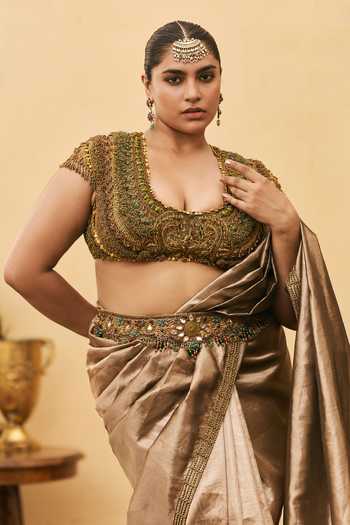 Itrh Bhoori Pre-Draped Saree With Embroidered Blouse 