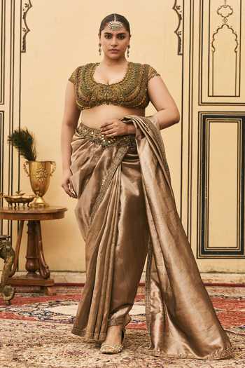Buy Itrh Brown Silk, Tissue, Net Bhoori Pre-draped Saree With Embroidered Blouse Online at Aza Fashions Buy_Itrh_Brown Silk, Tissue, Net Bhoori Pre-draped Saree With Embroidered Blouse _Online_at_Aza_Fashions