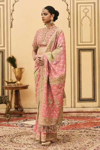 Itrh Pink Georgette, Silk High Neck Gulnaar Ombre Embroidered Saree Set Online at Aza Fashions Itrh_Pink Georgette, Silk High Neck Gulnaar Ombre Embroidered Saree Set _Online_at_Aza_Fashions