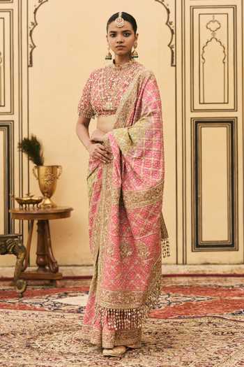 Shop Itrh Pink Georgette, Silk High Neck Gulnaar Ombre Embroidered Saree Set at Aza Fashions Shop_Itrh_Pink Georgette, Silk High Neck Gulnaar Ombre Embroidered Saree Set _at_Aza_Fashions