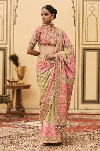 Buy Itrh Pink Georgette, Silk High Neck Gulnaar Ombre Embroidered Saree Set Online at Aza Fashions Buy_Itrh_Pink Georgette, Silk High Neck Gulnaar Ombre Embroidered Saree Set _Online_at_Aza_Fashions