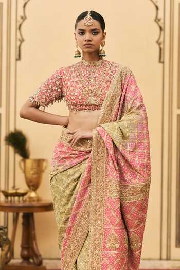 Shop Itrh Pink Georgette, Silk High Neck Gulnaar Ombre Embroidered Saree Set Online at Aza Fashions Shop_Itrh_Pink Georgette, Silk High Neck Gulnaar Ombre Embroidered Saree Set _Online_at_Aza_Fashions