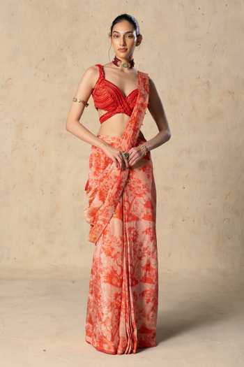 Basil Leaf Printed Pre-Draped Saree With Blouse 