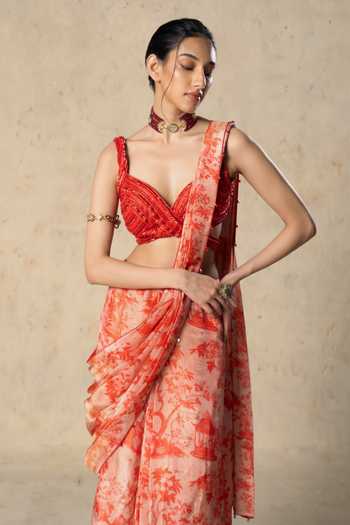 Basil Leaf Red Tissue Sweetheart Neck Printed Pre-draped Saree With Blouse Online at Aza Fashions Basil Leaf_Red Tissue Sweetheart Neck Printed Pre-draped Saree With Blouse _Online_at_Aza_Fashions