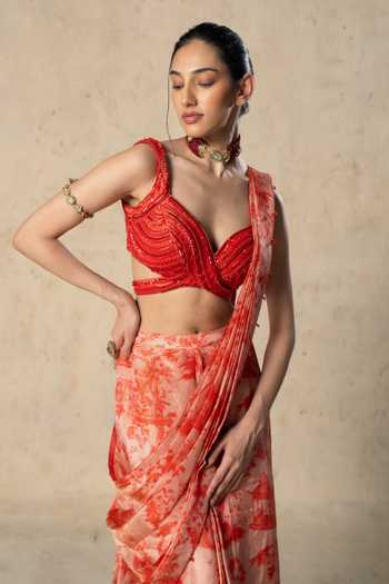 Buy Basil Leaf Red Tissue Sweetheart Neck Printed Pre-draped Saree With Blouse Online at Aza Fashions Buy_Basil Leaf_Red Tissue Sweetheart Neck Printed Pre-draped Saree With Blouse _Online_at_Aza_Fashions