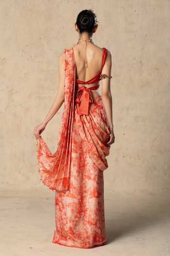 Basil Leaf Printed Pre-Draped Saree With Blouse 