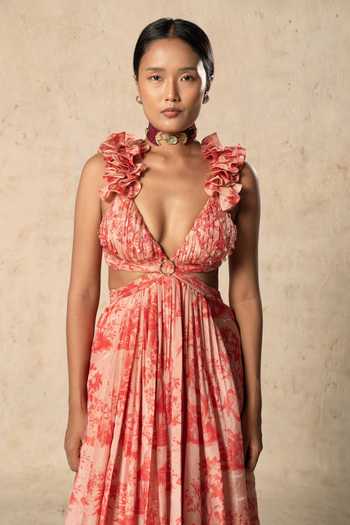 Buy Basil Leaf Peach Tissue Halter Neck Printed Gown Online at Aza Fashions Buy_Basil Leaf_Peach Tissue Halter Neck Printed Gown _Online_at_Aza_Fashions