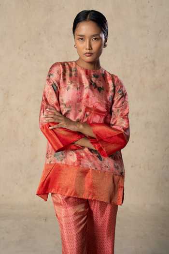 Buy Basil Leaf Peach Tissue Round Neck Printed Top And Pant Set Online at Aza Fashions Buy_Basil Leaf_Peach Tissue Round Neck Printed Top And Pant Set _Online_at_Aza_Fashions