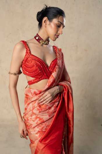 Basil Leaf Red Tissue Sweetheart Neck Printed Saree With Blouse Online at Aza Fashions Basil Leaf_Red Tissue Sweetheart Neck Printed Saree With Blouse _Online_at_Aza_Fashions