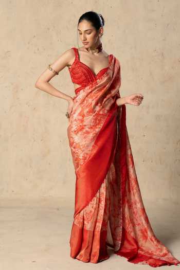 Buy Basil Leaf Red Tissue Sweetheart Neck Printed Saree With Blouse Online at Aza Fashions Buy_Basil Leaf_Red Tissue Sweetheart Neck Printed Saree With Blouse _Online_at_Aza_Fashions