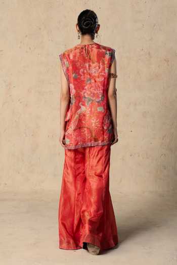 Shop Basil Leaf Pink Tissue Round Neck Printed Jacket And Pant Set at Aza Fashions Shop_Basil Leaf_Pink Tissue Round Neck Printed Jacket And Pant Set _at_Aza_Fashions
