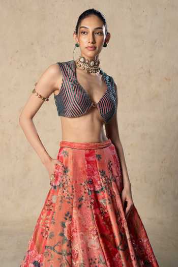 Basil Leaf_Pink Tissue, Net V-neck Printed Lehenga Set _Online_at_Aza_Fashions