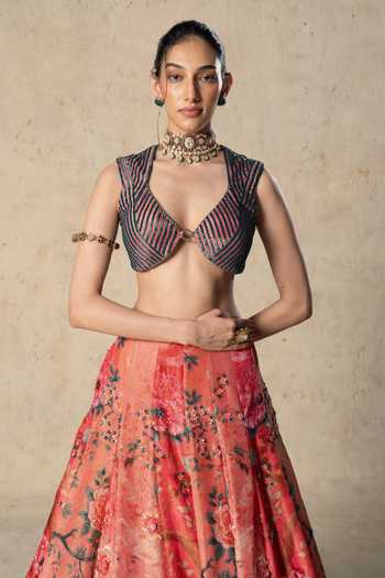 Buy_Basil Leaf_Pink Tissue, Net V-neck Printed Lehenga Set _Online_at_Aza_Fashions