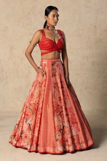Basil Leaf_Red Tissue, Organza Sweetheart Neck Printed Lehenga Set _Online_at_Aza_Fashions
