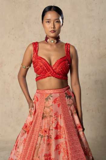 Buy_Basil Leaf_Red Tissue, Organza Sweetheart Neck Printed Lehenga Set _Online_at_Aza_Fashions