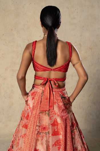 Shop_Basil Leaf_Red Tissue, Organza Sweetheart Neck Printed Lehenga Set _Online_at_Aza_Fashions
