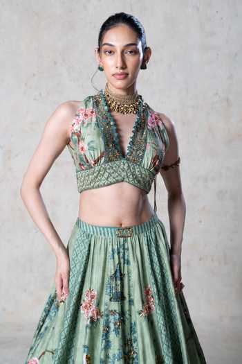 Basil Leaf Green Tussar, Organza V-neck Emerald Printed Lehenga Set Online at Aza Fashions Basil Leaf_Green Tussar, Organza V-neck Emerald Printed Lehenga Set _Online_at_Aza_Fashions