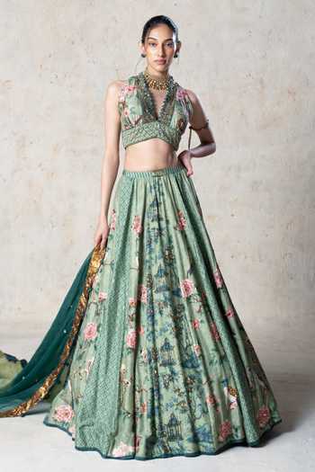 Buy Basil Leaf Green Tussar, Organza V-neck Emerald Printed Lehenga Set Online at Aza Fashions Buy_Basil Leaf_Green Tussar, Organza V-neck Emerald Printed Lehenga Set _Online_at_Aza_Fashions