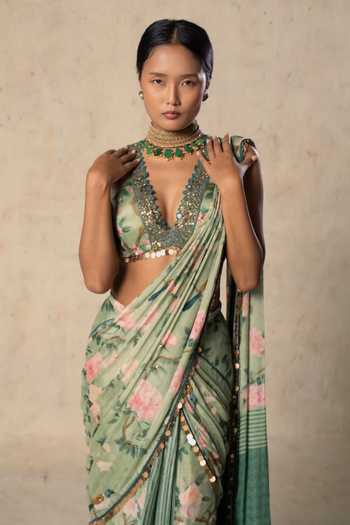 Basil Leaf Green Chiffon V-neck Emerald Aura Printed Pre-draped Saree With Blouse Online at Aza Fashions Basil Leaf_Green Chiffon V-neck Emerald Aura Printed Pre-draped Saree With Blouse _Online_at_Aza_Fashions