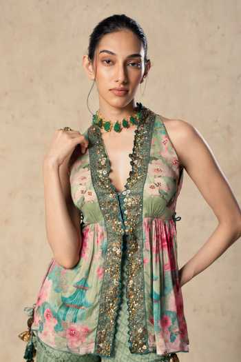 Basil Leaf_Green Chiffon Halter Neck Emerald Flow Printed Top And Pant Set _Online_at_Aza_Fashions