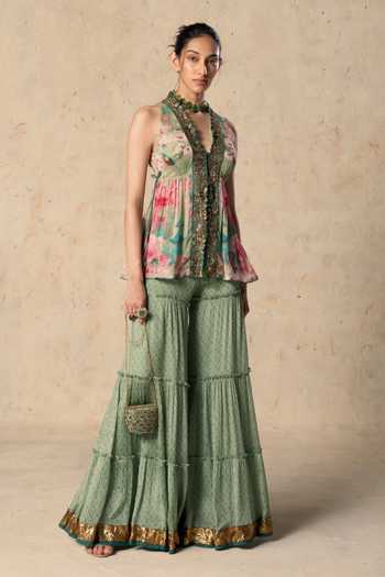 Buy_Basil Leaf_Green Chiffon Halter Neck Emerald Flow Printed Top And Pant Set _Online_at_Aza_Fashions