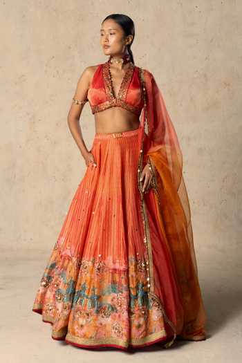 Basil Leaf_Orange Tissue V-neck Saffron Radiance Printed Lehenga Set _Online_at_Aza_Fashions