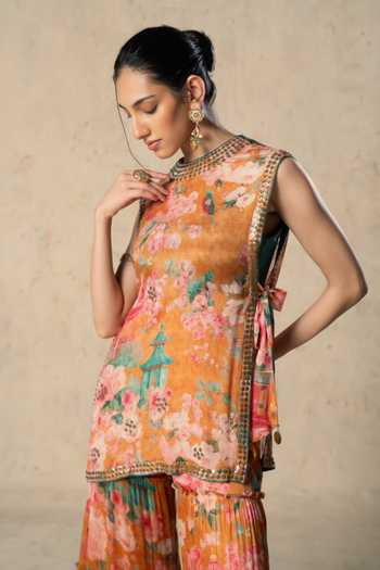 Basil Leaf Orange Chiffon Round Neck Tangerine Printed Tunic And Sharara Set Online at Aza Fashions Basil Leaf_Orange Chiffon Round Neck Tangerine Printed Tunic And Sharara Set _Online_at_Aza_Fashions